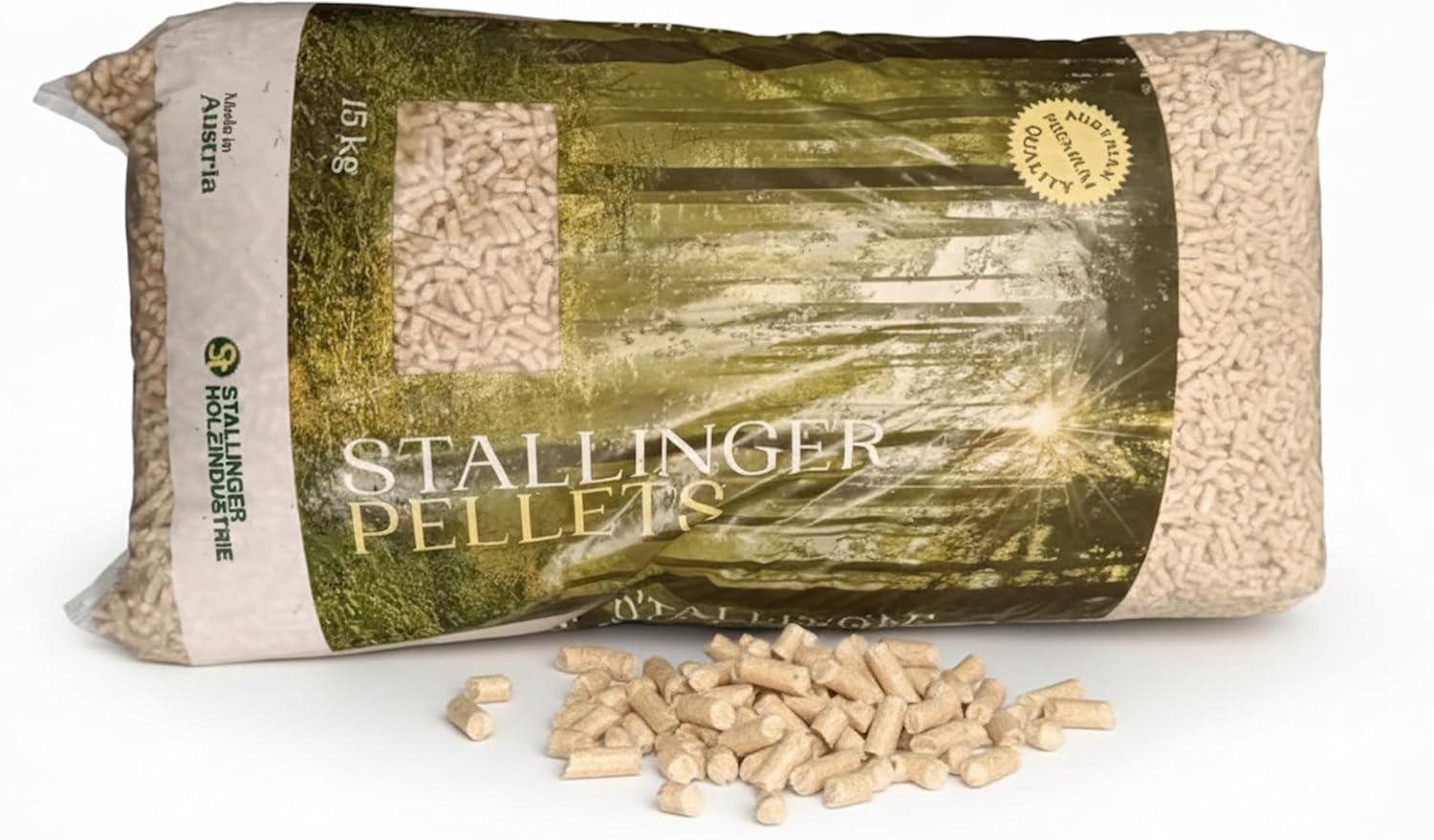 Pellets Sacco da 15kg - Pellet di Legno Naturale Qualità Premium Austriaca, Alto Potere Calorifico e Basso Residuo di Ceneri, Ideale per Stufe e Caldaie a Pellet